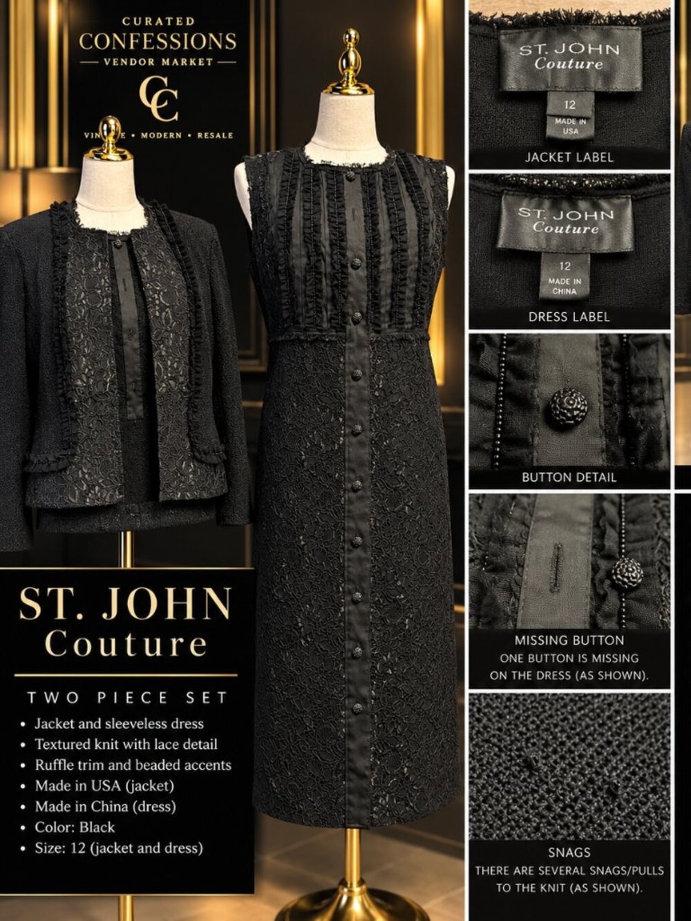 St. John Couture Black Lace & Knit 2-Piece Dress Set – Size 12